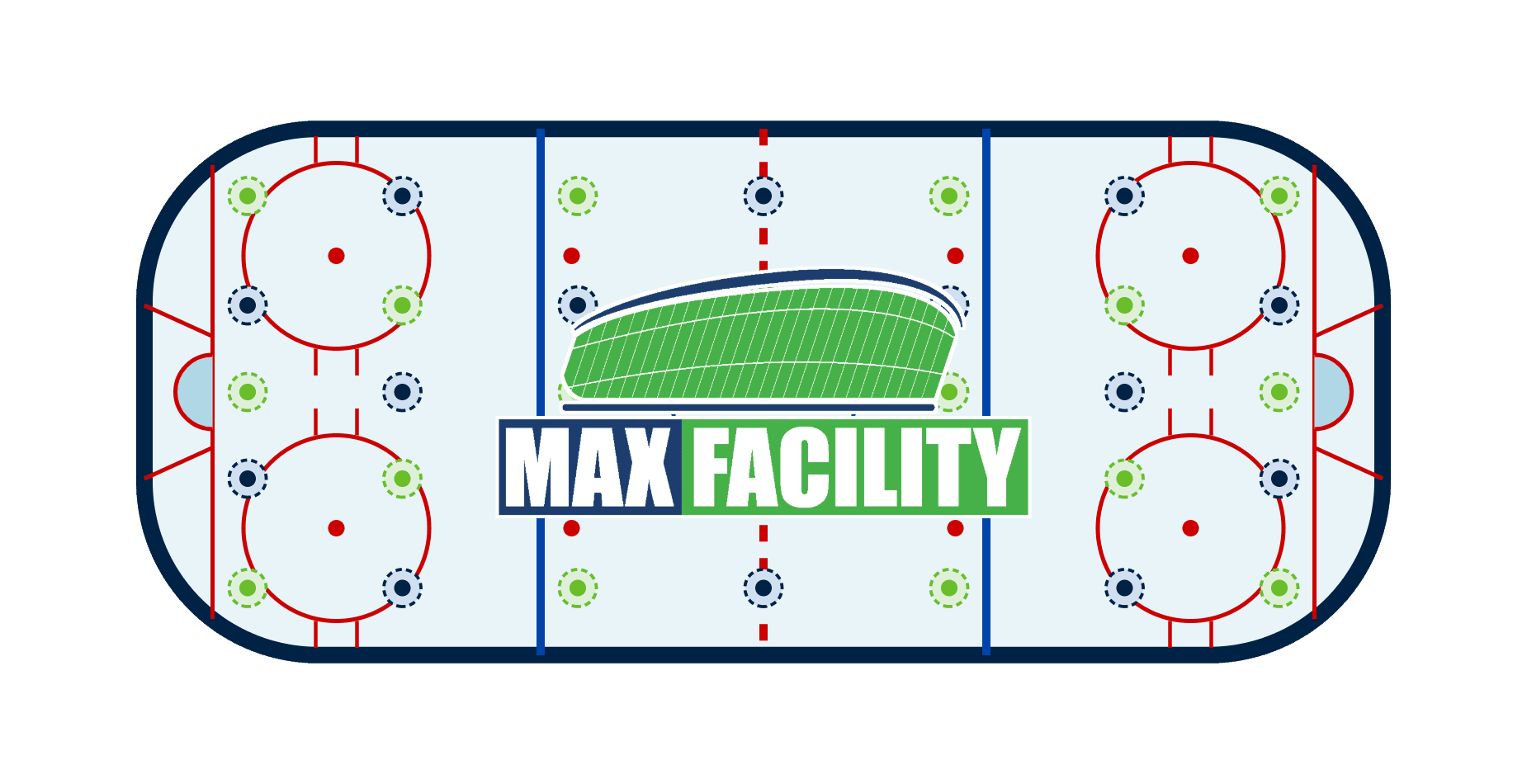 Max Facility logo over an ice rink diagram with measurement points